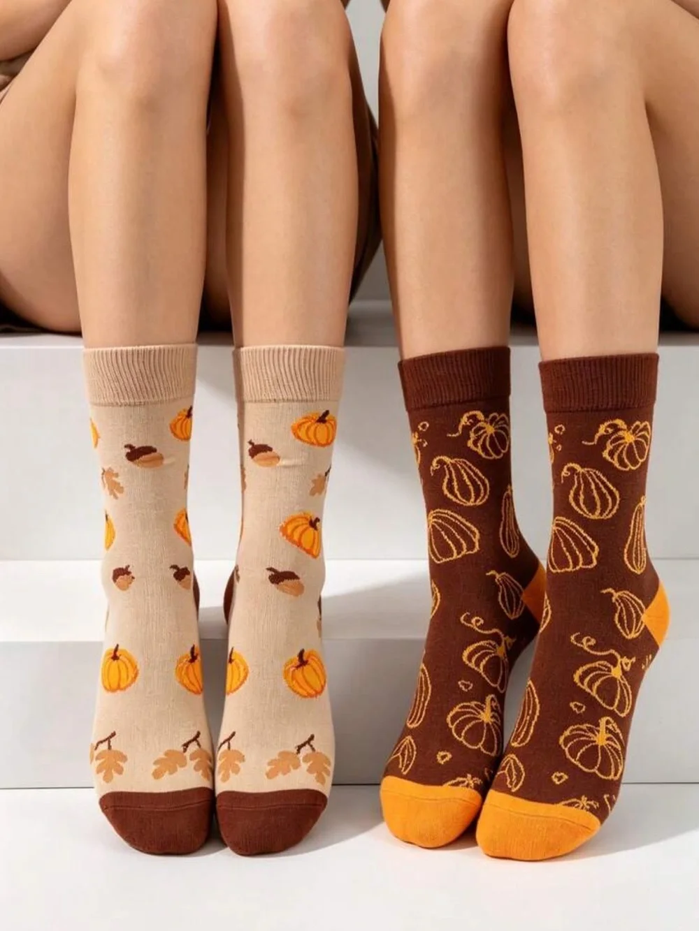 2 Pairs Autumn Pumpkin Acorn Maple Leaf Long Socks ,Vintage Caramel Color